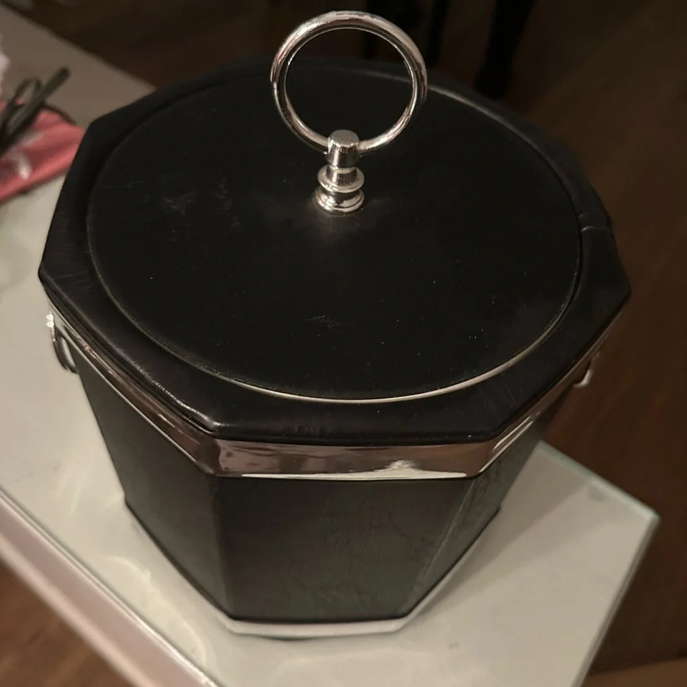 Vintage Faux Black Leather Ice Bucket with Chrome Trim